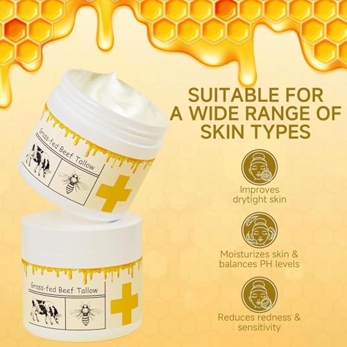 Beef Tallow for Skin, Beef Tallow, Tallow and Honey Cream, Grass Fed Beef Tallow, Whipped Beef Tallow for Face Moisturizer for All Purpose with Raw Honey Tallow Balm, 2 packs