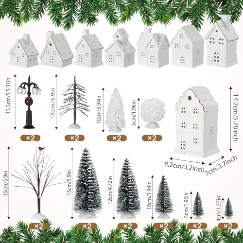Wesiti 28 Pcs Ceramic LED White Christmas Village Set Include 8 LED White Christmas Village Houses 18 Xmas Trees 2 Lamp Post Scenes Decor Xmas Figurine Decoration Tabletop Mantel Shelf(Cute)
