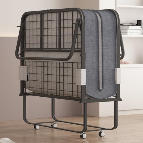 Mjkone Folding Bed with 5 Inch Memory Foam Mattress, Single Rollaway Bed for Guests, Space Saving Portable Bed with Lockable Wheels, Easy Assembly & Moving, 75 x 46 (Upgraded)