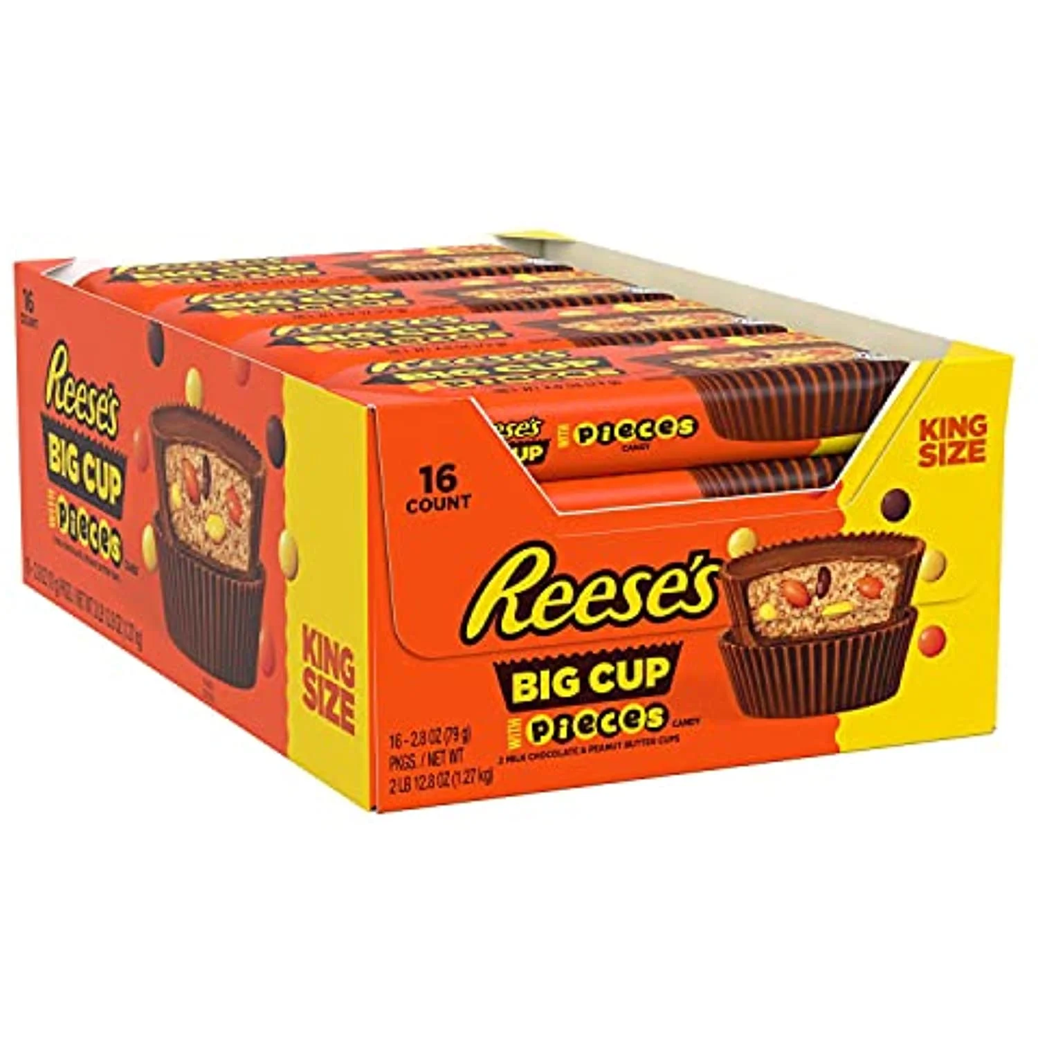 Reeses Stuffed With Pieces Big Cup Milk Chocolate Peanut Butter Cups Candy, Bulk Individually Wrapped, 2.8 Oz King Size Packs (16 Count)