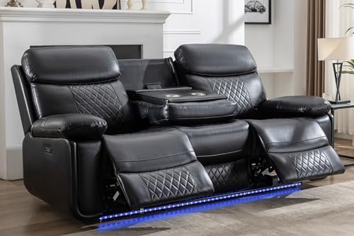 Power Reclining Sofa Couch with Wireless Charger, 3 Seaters with Recliner, Faux Leather Electric 3 Seat Sofa Sectional Set with LED light for living room,Home Theater Seating With Drop-Off Table,Black