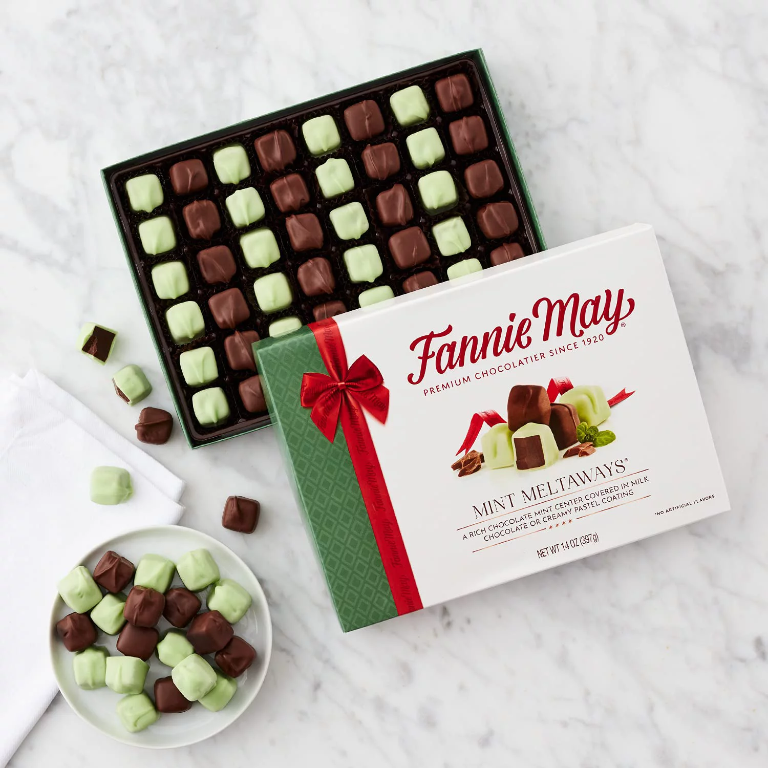 Fannie May Mint Meltaways, Milk Chocolate and Pastel Candy with a Mint Chocolate Center, Chocolate Candy Gift Box, 1 lb