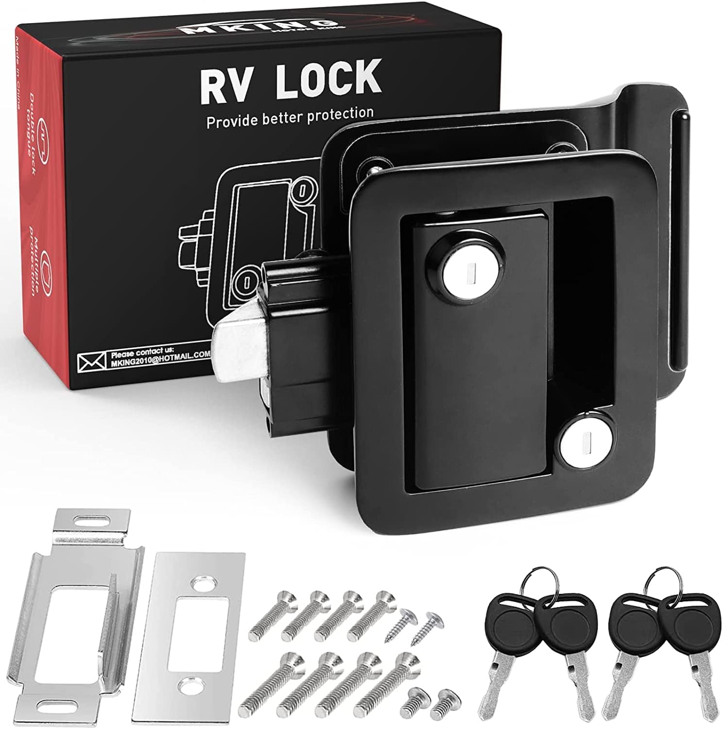 MKING RV Entry Door Lock, Camper Lock, Travel Trailer Door Latch, Zinc Alloy Lock Replacement Kit with Paddle Deadbolt 4 Keys, for Camper Horse Trailer Cargo Hauler, Black