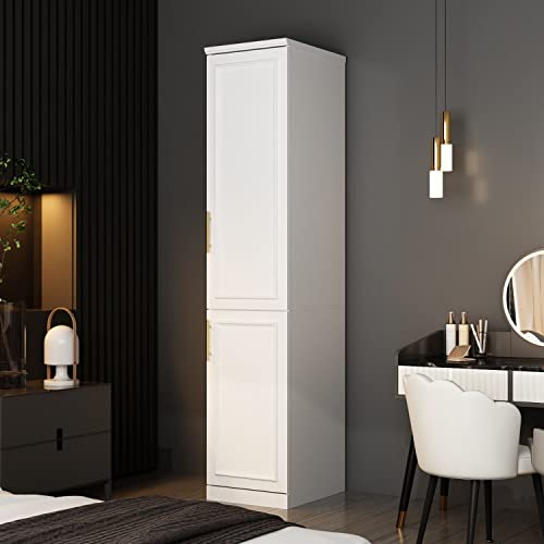 FAMAPY 2 Door Wardrobe Closet, Tall and Narrow Armoire Wardrobe Closet with Hanging Rod, Gold Metal Handles, Bedroom Armoire Closet White (15.7”W x 19.3”D x 74.9”H)