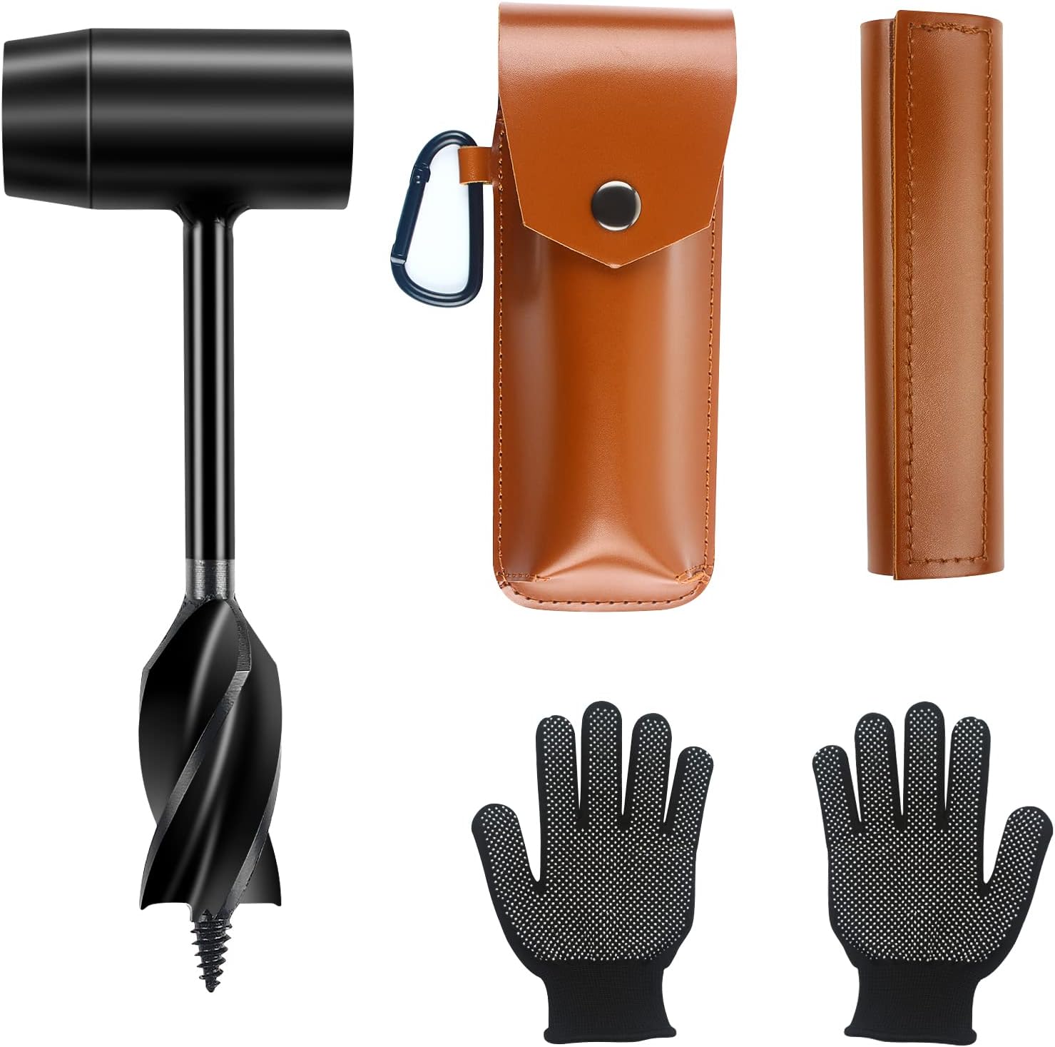 Bushcraft Settlers Tool Hand Auger Wrench, Bushcraft Gear and Equipment, Scotch Eye Wood Auger for Camping, Outdoor, Hiking, Survival, Wood Drilling, with Brown Leather Case and Gloves