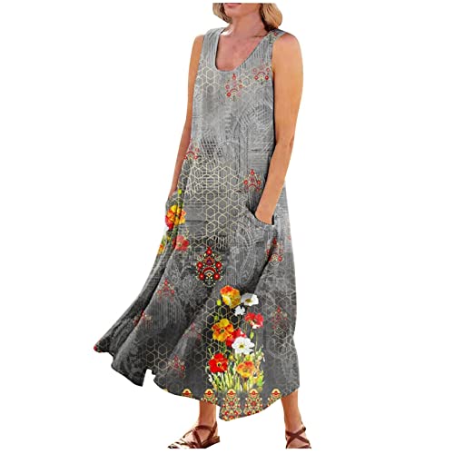 Sleeveless Dress for Women 2024 Casual Cotton Linen Sundress Loose Flowing Swing Vacation Long Dresses with Pockets