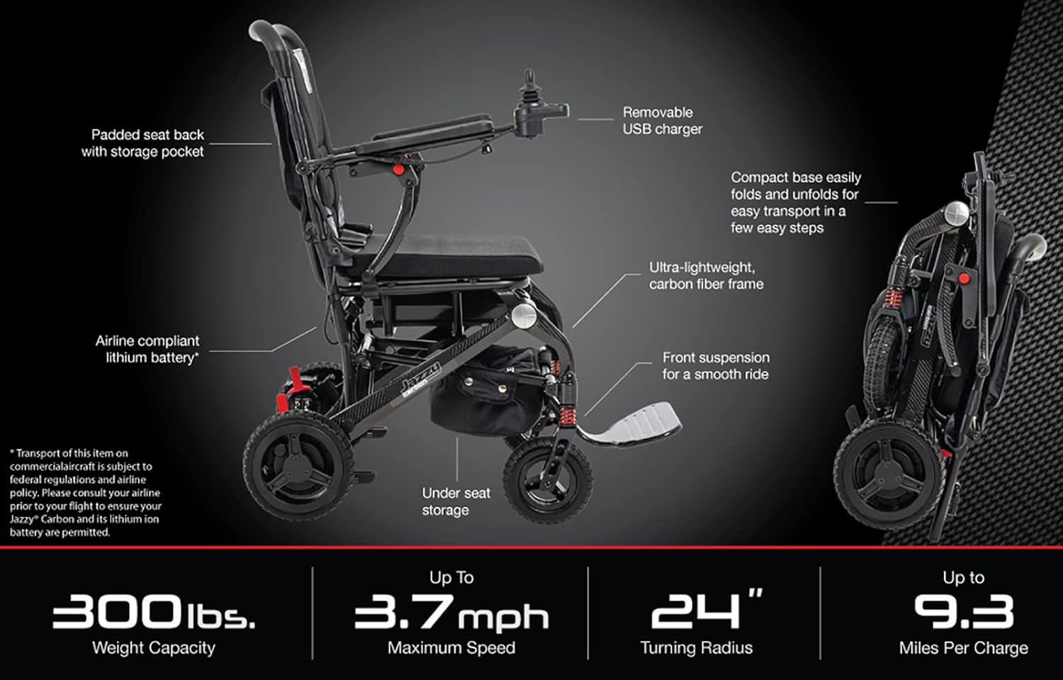 Pride Jazzy Carbon Featherweight Power Chair, Black, with 5-Year Extended Warr