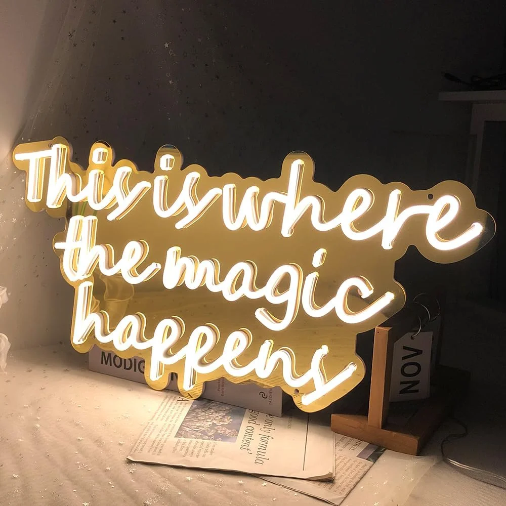 This Is Where The Magic Happens Neon Sign 24x12“, Large LED Neon Signs for Wedding Backdrop Bachelorette Birthday Gifts, Neon Lights with Gold Mirror Backing for Bar, Salon, Lash, Nail Room