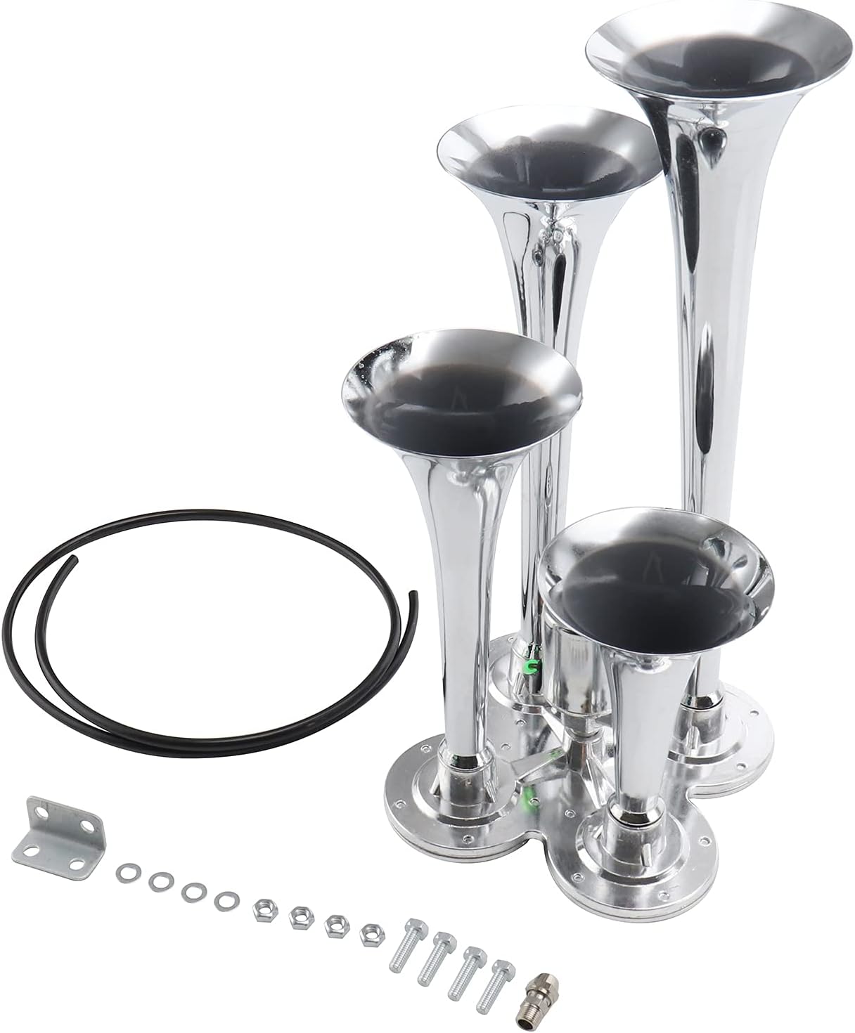 TIMAGIC 12V Horn Kit fit for compatible with Semi Pickup Train Truck SUV Car Quad Trumpets Train Horns Super Loud 170dB, Silver Pack of 2