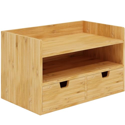 Bamboo Desk Organizer - Mini Desktop Drawer Tabletop Storage Organization Box for Office Home Toiletries Supplies, No Assembly Required (3 Drawer with big drawer)