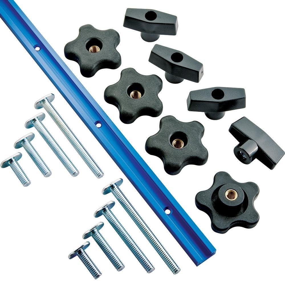 Rockler Universal Aluminum T Track Kit (17-Piece), 4’ Length T Track Aluminum w/ Unique Stacked-Slot Design - T Tracks Woodworking Kit Includes T-Slot Bolts, T-Knobs, 5-Star Knobs Pack of 2