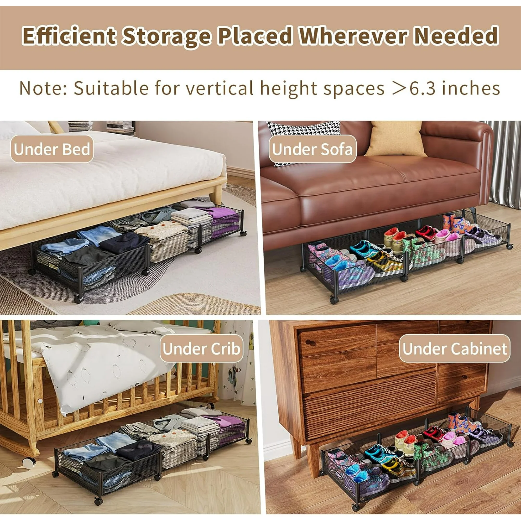 47.2'' Long Under Bed Storage on Wheels, 57.6L Large Capacity Rolling Under the Bed Storage Containers, Tool-Free Assembly Foldable Underbed Shoes Clothes Toy Drawers