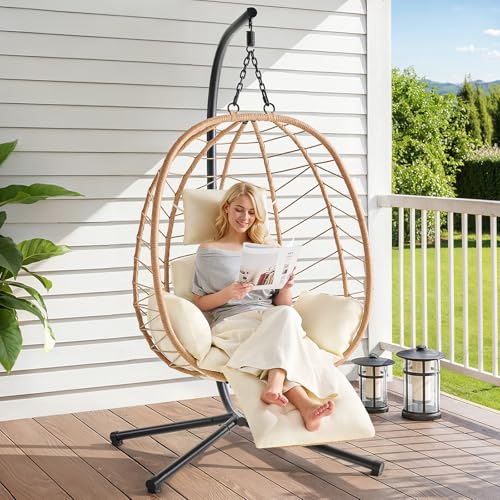 Hanging Egg Chair with Adjustable Footrest & Stand, Wicker Rattan Swing Hammock Chair with Cushion & Double Chains, 350LBS Capacity for Outdoor & Indoor Patio, Deck, Bedroom, Balcony (BL-GR)
