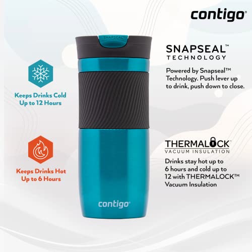 Contigo Byron Snapseal Travel Mug, Stainless Steel Thermal Mug, Vacuum Flask, Leakproof Tumbler, Coffee Mug with BPA Free Easy-Clean Lid, 590 ml, Black