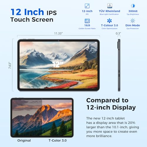 Tablet 12 inch Android 15 Tablets, 24GB（8+16）RAM+256 Storage(Expand to 1TB), Android Tablet with Keyboard, Octa-Core, 2K 2000x1200 Display, 16MP Dual Camera, 8000mAh, 5G WiFi,GPS,Bluetooth 5.0（Black）