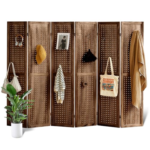 4 Panel Room Divider with Shelves, 5.6Ft Pegboard Display with 16 Hooks,Soild Wood Room Divider, Folding Privacy Screen, Freestanding Display for Hoom Store (Natural)