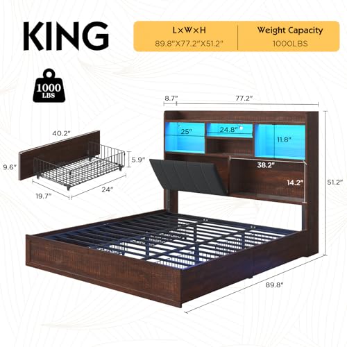 Full Farmhouse Bed Frame with Bookcase Headboard and 4 Drawers, LED Storage Bed with Charging Station & Linen Upholstered, No Box Spring Needed, Black