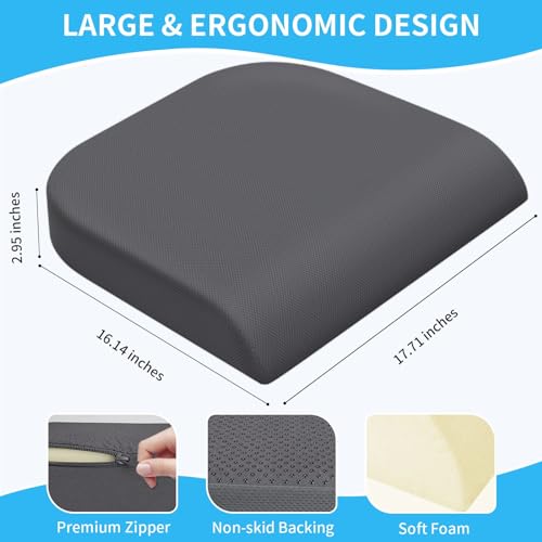 Large Seat Cushion, Soft Foam Cushion for Long Sitting Hours on Office Chair, Home & Car, Non-Slip Chair Pad for Relieving Back & Sciatica & Hip & Coccyx Pain (Grey)