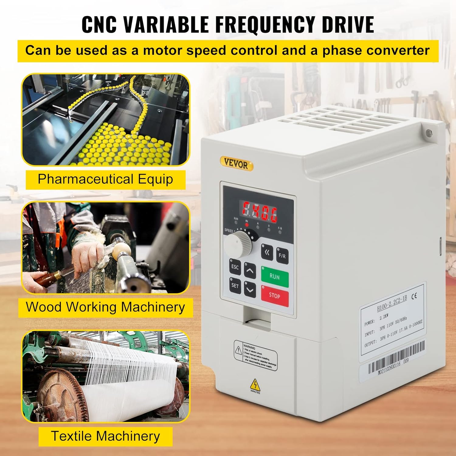 VEVOR VFD 2.2KW 110V 3HP, 1 or 3 Phase Input, 3 Phase Output Variable Frequency Drive, AC 17.5A 0~1000HZ CNC Motor Inverter Converter for Motor Speed (RS485)