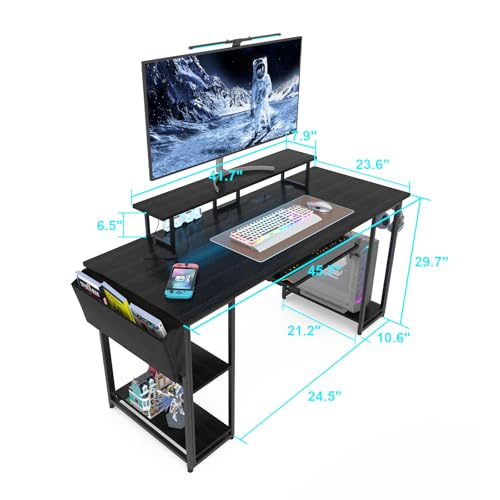 45 Inch Gaming Desk with LED Lights & Power Outlets, Home Office Desk with Monitor Stand & Storage Sheves, Computer Desk with Fabric File Cabinet and Hook, Writing Desk, Brown