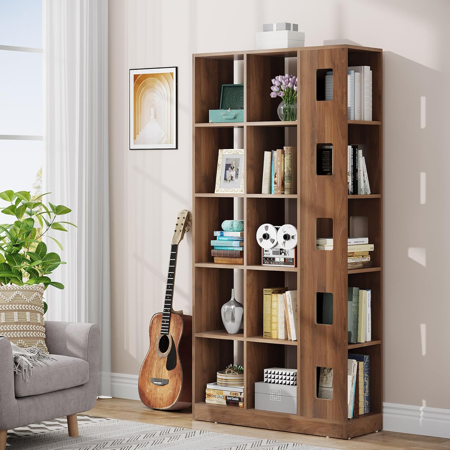 Tribesigns 15 Cube Bookcase, 5 Tier Wooden Storage Open Bookshelf, Freestanding Cube Storage Organizer Display Shelf for Living Room, Home Office, Bedroom (Brown)