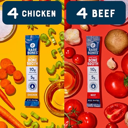 Bare Bones Bone Broth Instant Powdered Beverage Mix, Chicken & Beef, Variety Pack of 32, 16 Chicken & 16 Beef - 15g Sticks, 10g Protein, Keto & Paleo Friendly