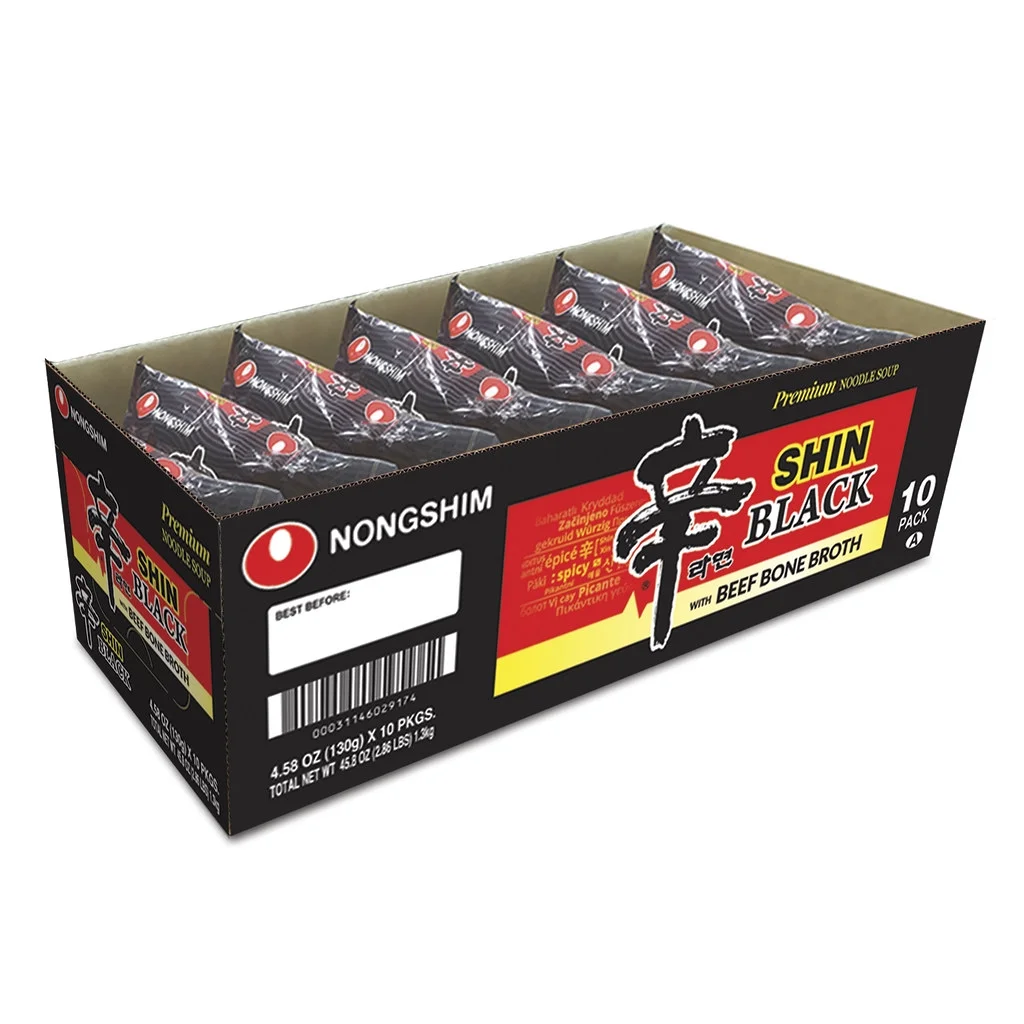 Nongshim Shin Black Spicy Beef & Bone Broth Ramyun Premium Ramen Noodle Soup Pack, 4.58oz X 10 Count