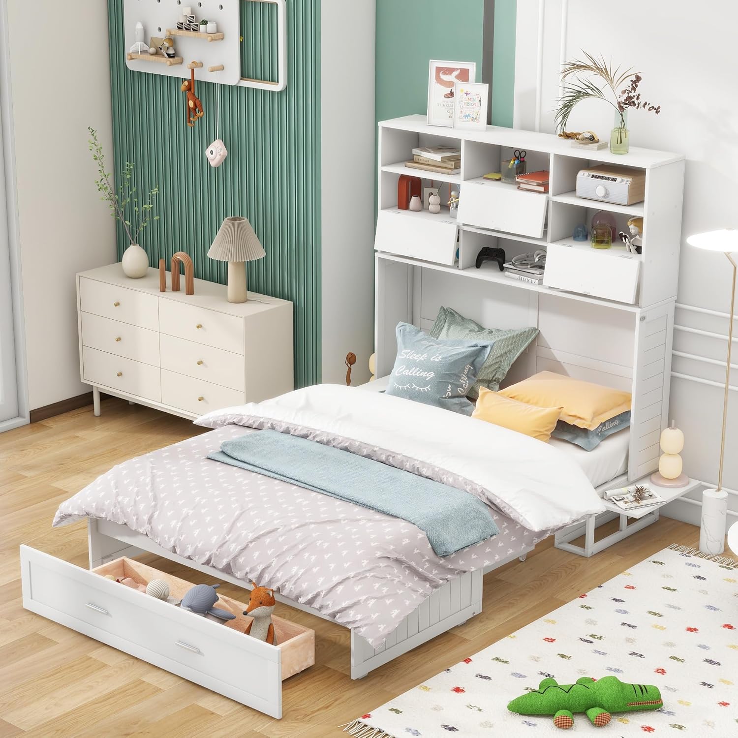 Queen Murphy Bed Cabinet Bed with Bookcase, Bedside Shelves and a Big Drawer for Guest Room or Home Office, White