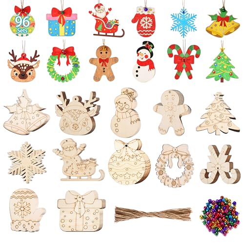 96 Pcs Wooden Christmas Ornaments Unfinished Wood Slices, Wooden Christmas Tree Hanging Ornaments for DIY Art Craft with 12 Styles, DIY Wood Crafts Hanging Decorations Kit