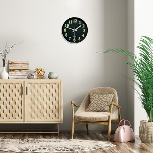 FLEBLE Modern Wall Clock Silent Non Ticking 12Inch Black Round Large Clock Battery Operated Easy to Read for Living room, Office, Kitchen, Classroom, School, Home Glow in The Dark