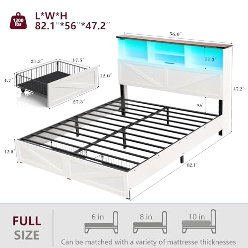 Full Size Bed Frame with Bookshelf, Bookcase High Headboard with Charging Station and LED Light, Farmhouse Bed with Storage Drawers, No Box Spring Needed, Noise Free, Easy Assembly, White