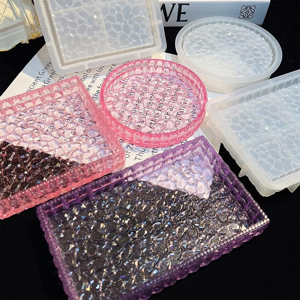 3PCS Diamond Resin Tray Mold with Edges, Silicone Tray Mold for Resin Casting, Square Rectangle Round Epoxy Mold DIY Jewelry Plate Box Candle Holder Container Resin Art Craft Making Supplies