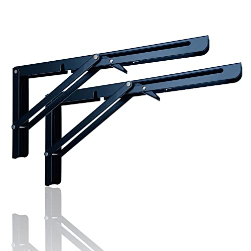 Folding Shelf Brackets 14 Inch Heavy Duty Metal Triangle Table Bench Folding Wall Mounted Shelf Bracket, Space Saving DIY Sturdy Bracket, Black 2 Pack