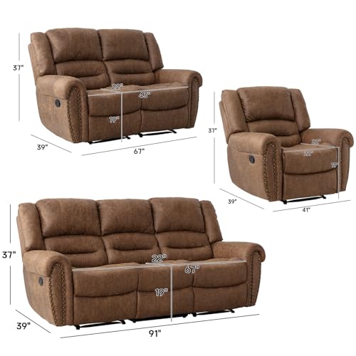 CANMOV Manual Recliner Sofa Set,2 Pieces Sofa Furniture Set for Living Room,Manual Reclining Sofa and Recliner Loveseat with Overstuffed Armrest for Living Room,Bedroom Furniture,Office(Nut Brown,2+3)