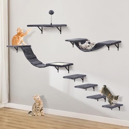 Wall-Mounted Cat Climber Set with Climbing Shelves, Perches, Bridge,Hammock,Scratching Board & Ball - 7 Pcs Wood Indoor Cat Furniture for Kittens Play (Beige)