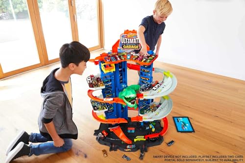 Hot Wheels City Toy Car Track Set, Ultimate Garage with T-Rex Dinosaur, Store 100+ 1:64 Scale Vehicles, 3-ft Tall, with 2 Cars (Amazon Exclusive)