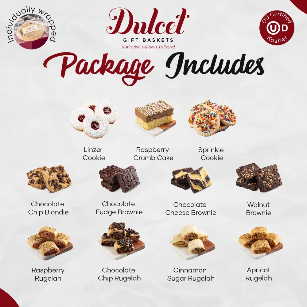 Dulcet gift basket of assorted cookies, perfect  summer gifts and wedding gifts for her with chocolate brownies, rugelach and crumb cake, freshness guaranteed gifts for him