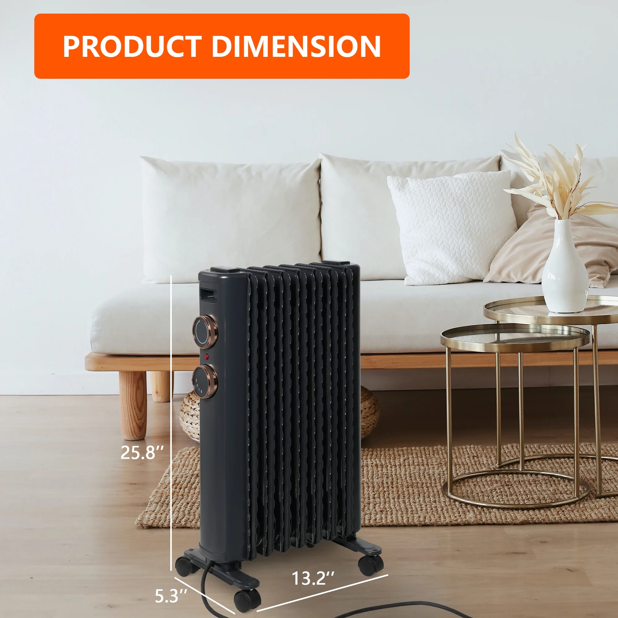 Oil Filled Radiator Heater with 3 Heating Modes, Adjustable Thermostat, Universal Wheels, Portable Heater for Bedroom Home Office, Black&Gray