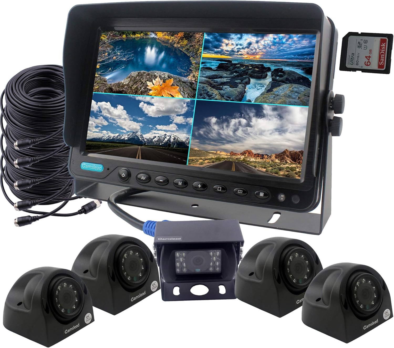 CAMSLEAD Car Backup Camera System 9 inch Monitor Built-in DVR Recorder with Quad Split Screen CCD Waterproof Night Vision Side Camera Rear View Camera Monitor Kit for Truck Van Caravan Trailers