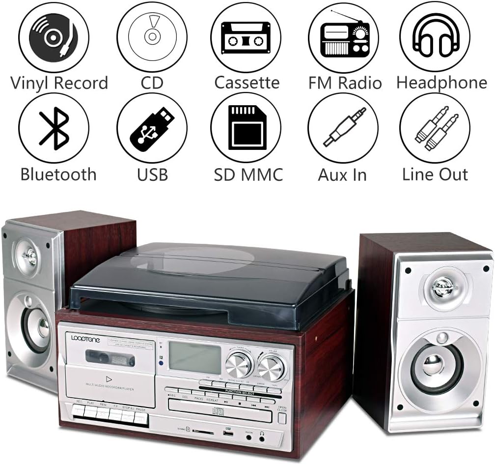 LoopTone Vinyl Record Player with Dual 15W External Speakers 9 in 1 3 Speed Bluetooth Vintage Turntable CD Cassette Player AM/FM Radio USB Recorder Aux-in RCA Line-Out