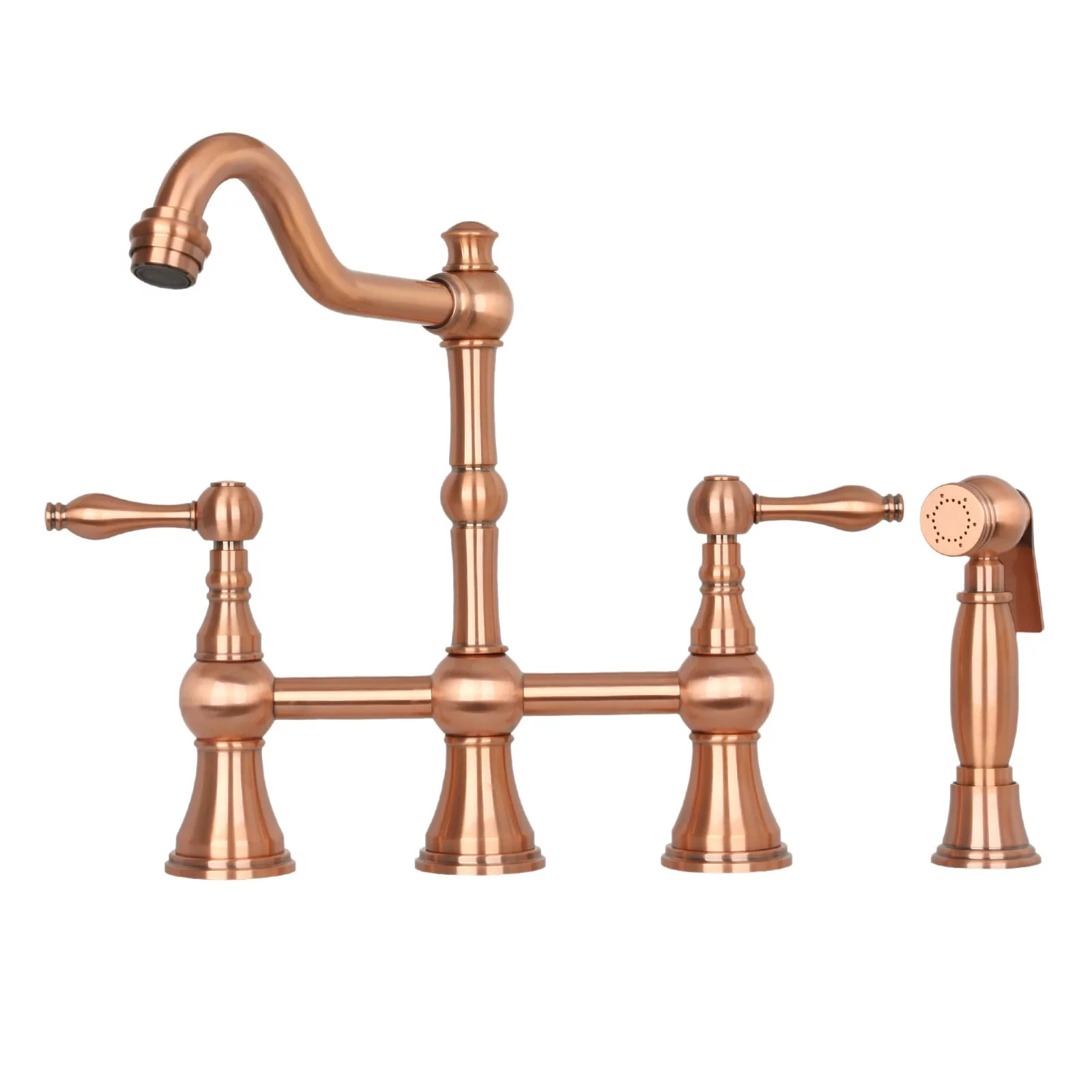 Two-Handles Bridge Kitchen Faucet with Side Sprayer Copper Copper Finish