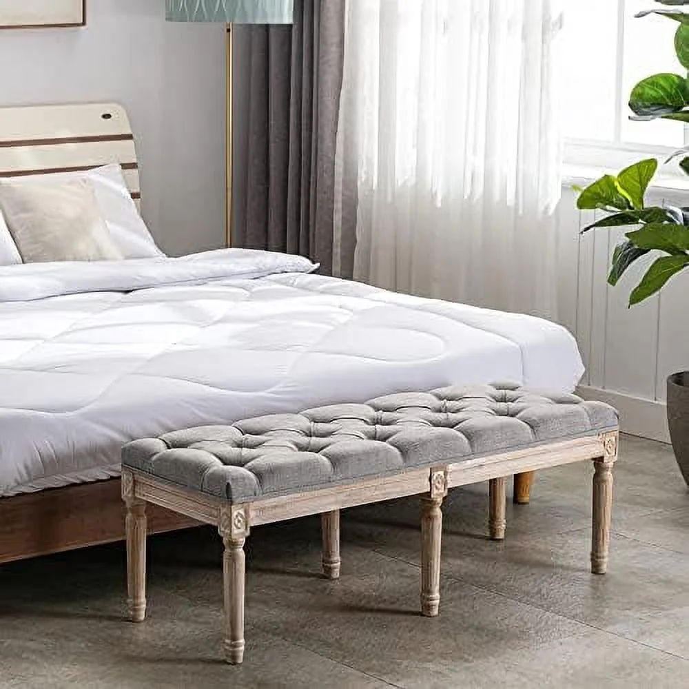 Fabric Entryway Bench with Button Tufted Seat and Rustic Wood Legs  Vintage Bedroom Bench End of Bed  Padded Extra Seating Bench for Living Room Office Studio Hallway  Grey