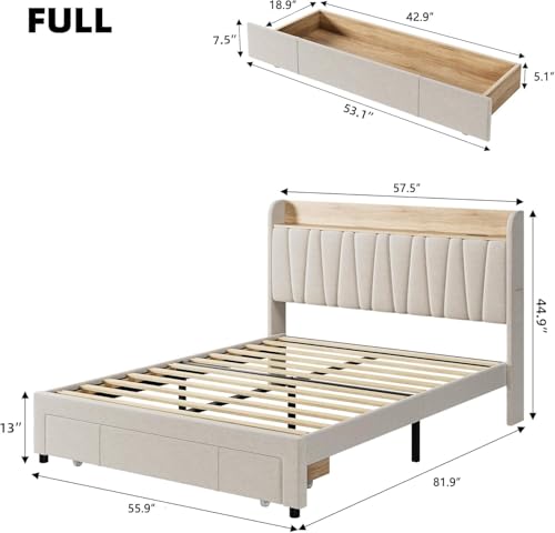 IDEALHOUSE Queen Size Bed Frame with Storage Headboard, Upholstered Platform Beds with Drawers, Charging Station, Noise-Free, No Box Spring Needed, Easy Assembly, Beige