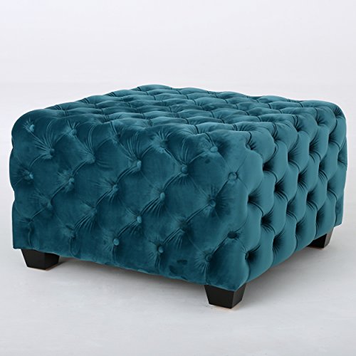 Modern Glam Button Tufted Velvet Ottoman, Dark Teal and Dark Brown