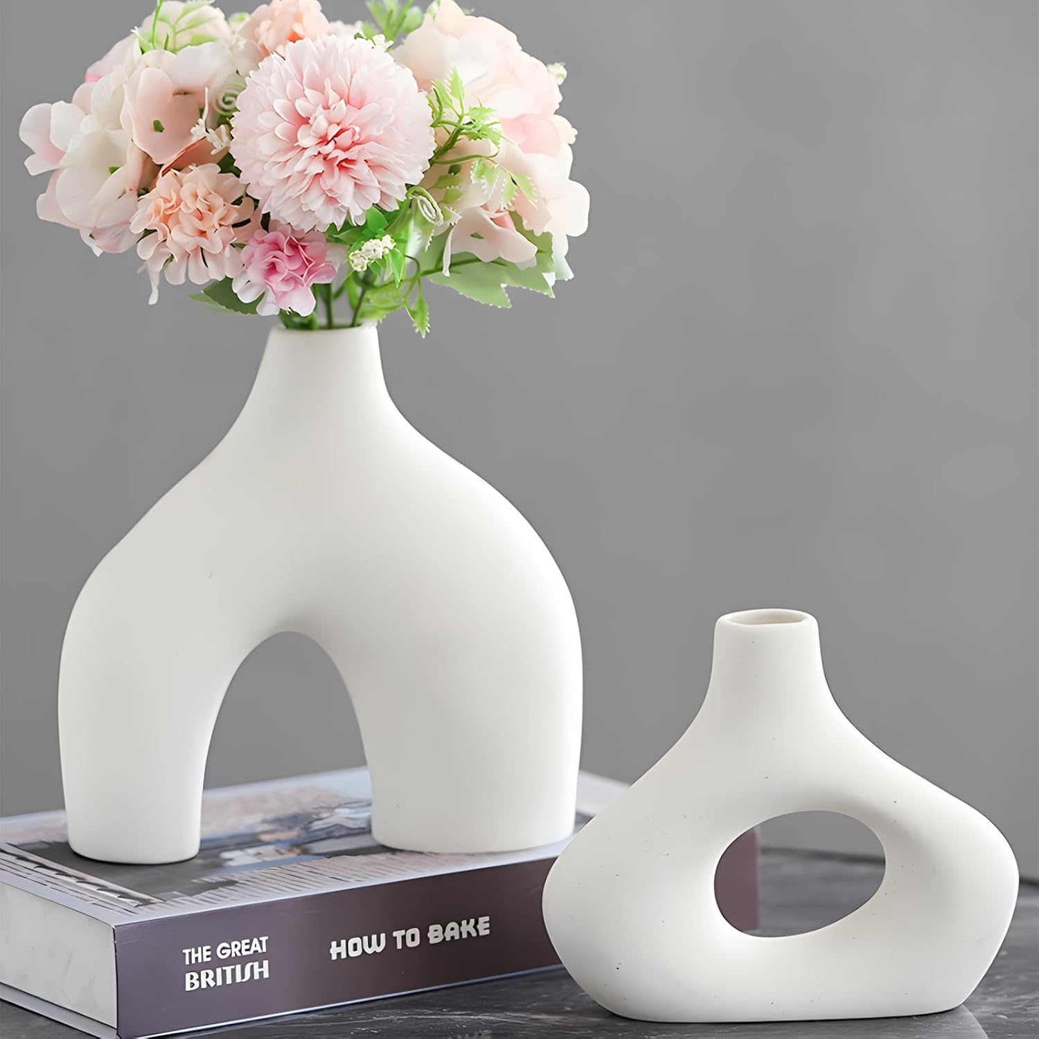 White Ceramic Vase Set of 2 - Minimalist Nordic Style, Matte Donut Vases for Pampas Grass, Ceramic Hollow Donut Vase Decor, Flower Vases for Living Room Wedding Coffee Table Bookshelf Office Decor