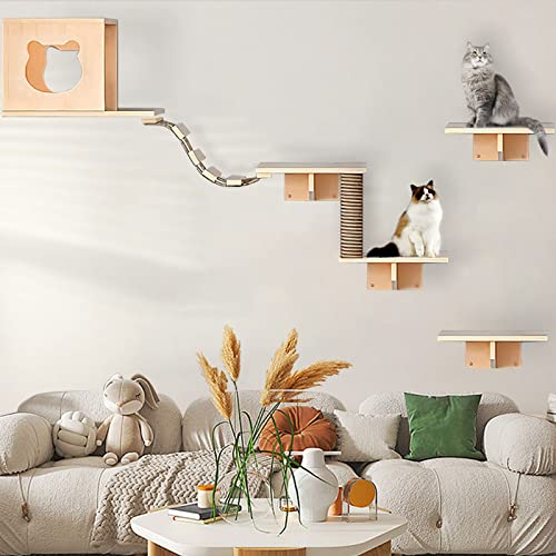 Cat Wall Shelves and Furniture Set with Condos, Perches, Bridge Ladders, Sisal Scratching Posts - Steps and Houses for Cats (A)