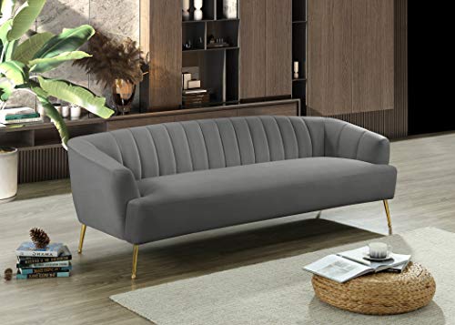 Meridian Furniture Tori Collection Modern | Contemporary Velvet Upholstered Sofa with Deep Channel Tufting and Ball Designed Custom Gold Legs, 84.50