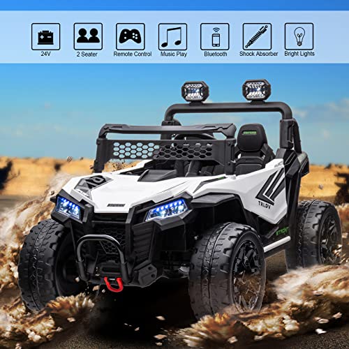4X4 2 Seater Ride on Truck, 24V Battery Powered Ride on Car with Remote Control, Ride on UTV with EVA Tire/LED Lights, MP3, Horn, Music, Ride on Car for Kids, White
