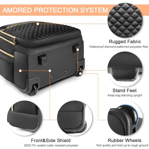 Small Rolling Backpack, Underseat Carry On Luggage For Adults With Wheels, 15.6 Inch Wheeled Backpack for Women, Travel Roller Backpack, Rolling Bag, Black Gold