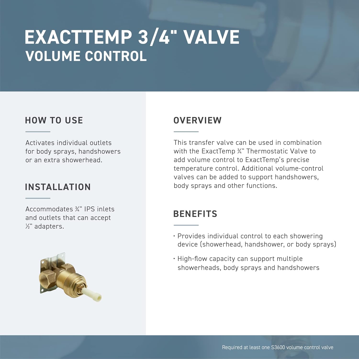 Moen S3600 ExactTemp Volume Control Valve, 3/4-Inch IPS
